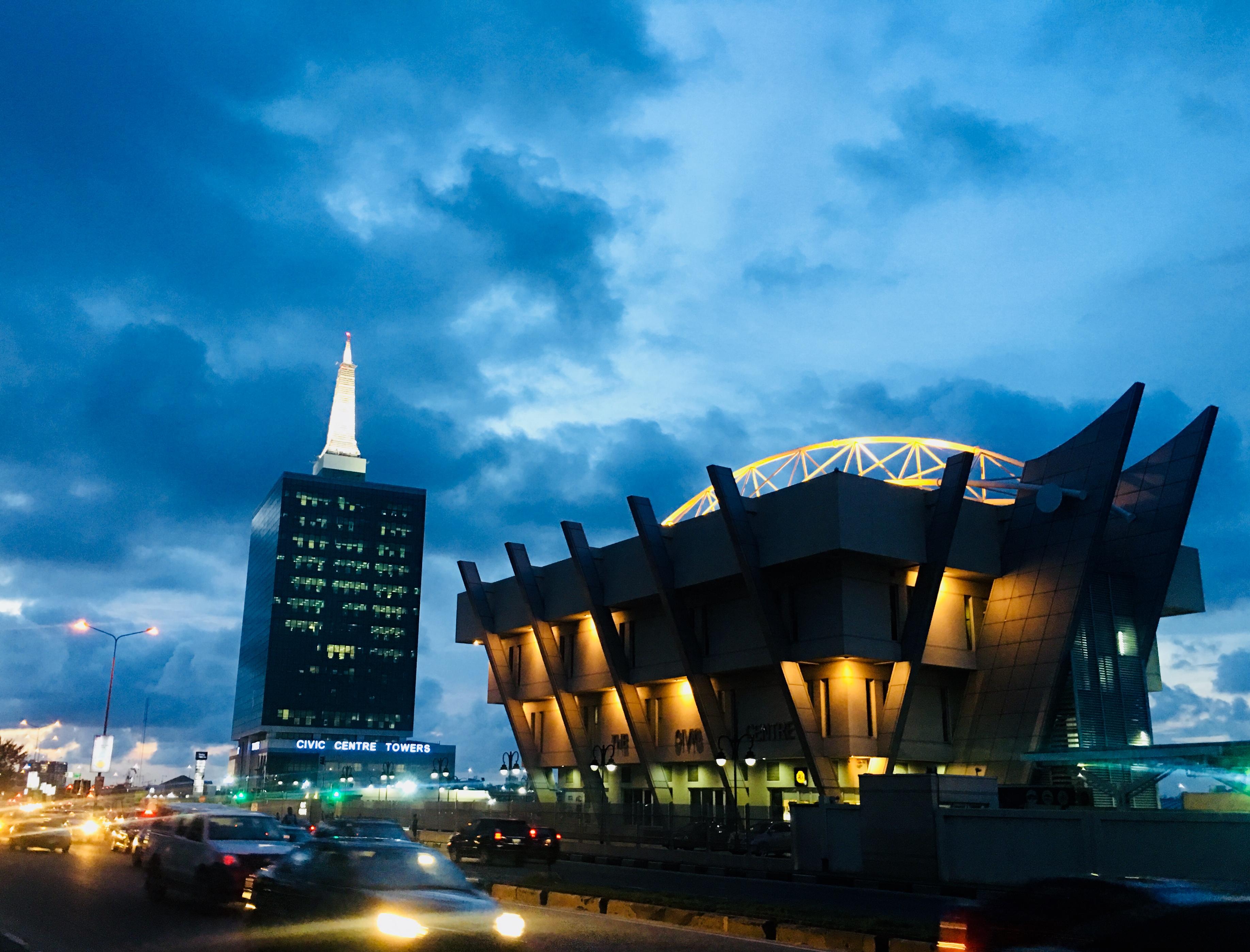 The Civic Centre at night, Victoria Island, Lagos, Nigeria